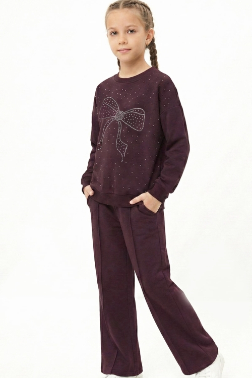 Kız Çocuk Taş Süslemeli Fiyonk Desenli 2 İplik Alt-Üst Takım 4-12 Yaş 12512