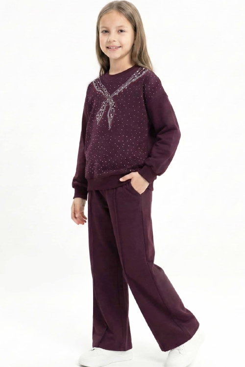 Kız Çocuk Taş Süslemeli Fular Desenli 2 İplik Alt-Üst Takım 4-12 Yaş 12511