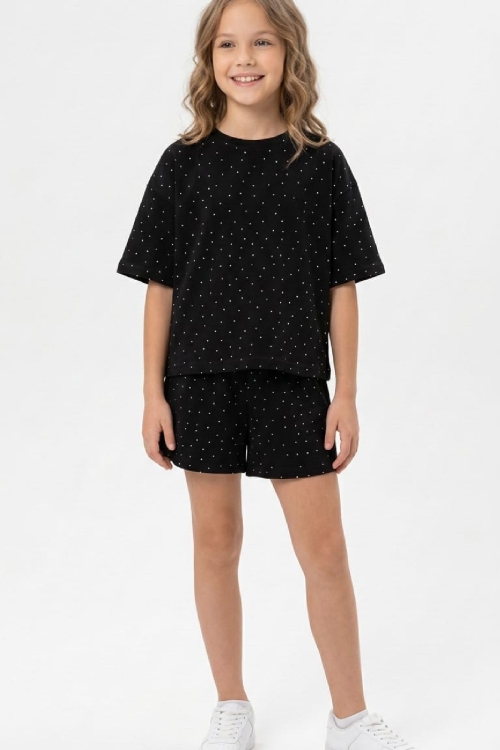 Kız Çocuk Taş Süslemeli Şortlu Alt-Üst Takım 4-12 Yaş 12561