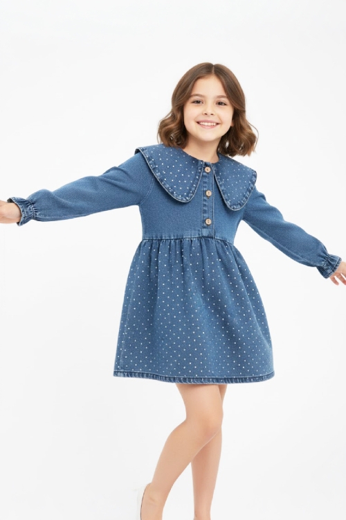 Kız Çocuk Taş Süslemeli ve 3 Düğme Kapatmalı Jean Elbise 12444