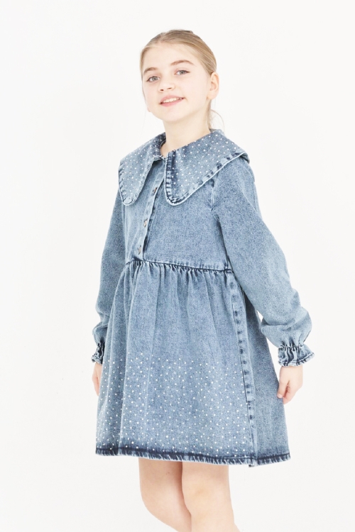 Kız Çocuk Taş Süslemeli ve Geniş Yakalı Jean Elbise 12453