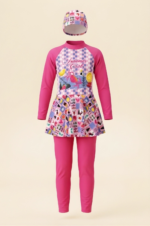 Kız Çocuk Uzun Kollu ve Etek Alltlı Mayo Takımı 4-13 Yaş 12590N