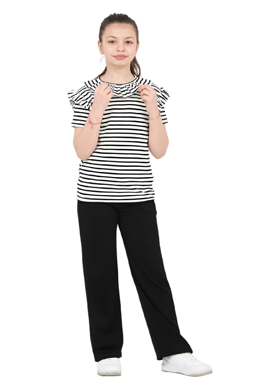 Kız Çocuk Yaka ve Omuz Fırfır Detaylı Alt-Üst Takım 4-8 Yaş 12577