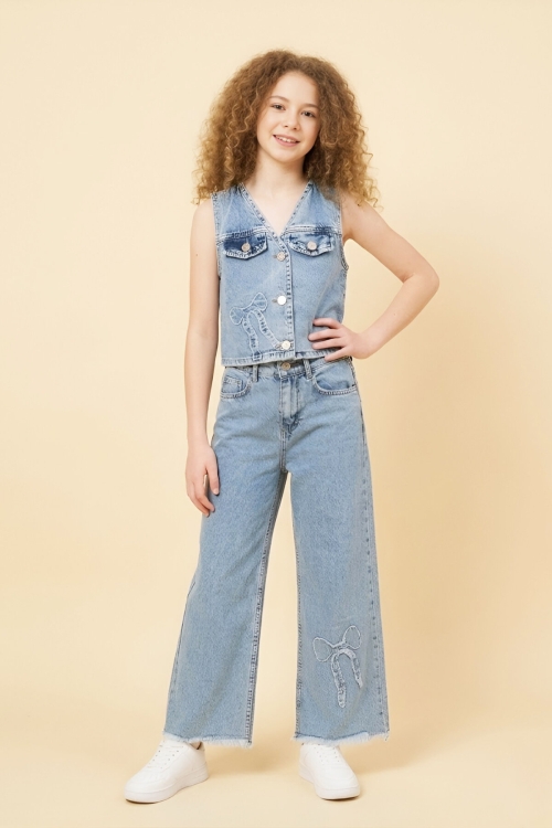 Kız Çocuk Yelekli Ve Destroy Paçalı 2li Jean Takım 7-12 Yaş 12671SK