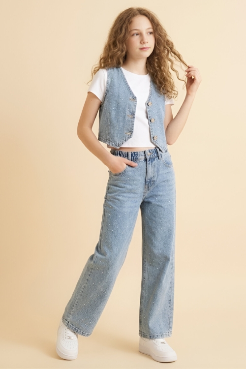 Kız Çocuk Yelekli Ve Taş Süslemeli 2li Jean Takım 5-15 Yaş 12670SK