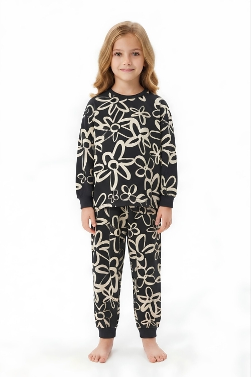 %100 Pamuk ve Baskılı Kız Çocuk Pijama Takımı 3-8 Yaş 12740IS