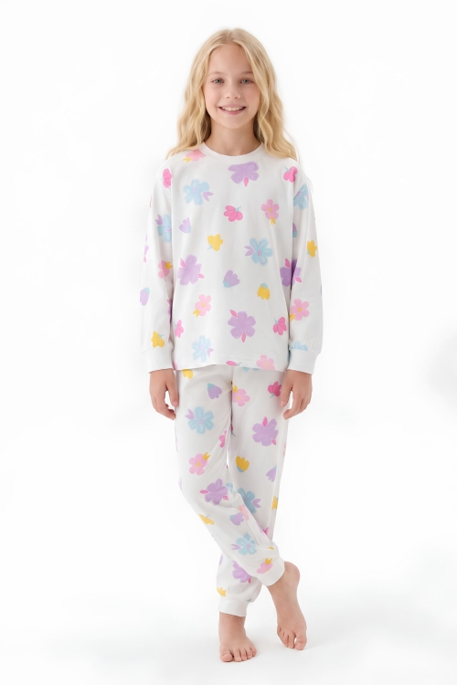 %100 Pamuk ve Baskılı Kız Çocuk Pijama Takımı 8-13 Yaş 12739IS