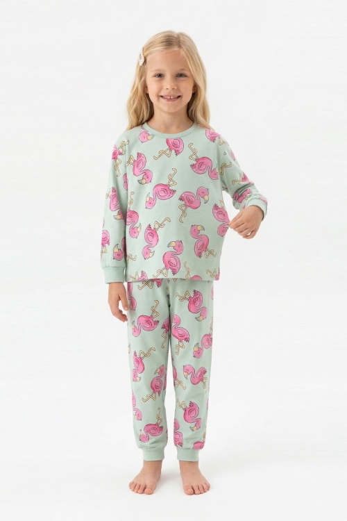 Kız Çocuk %100 Pamuk ve Filamingo Desenli Pijama Takımı 3-8 Yaş 12744IS