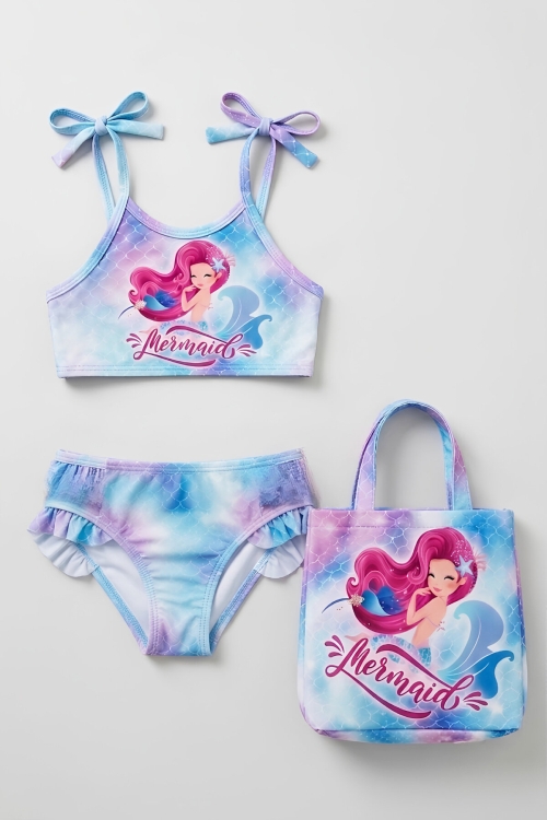 Kız Çocuk Çantalı 3lü Mayo Takımı (Çanta+Mayo+Bikini) 3-10 Yaş 12732N
