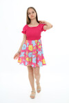 Kız Çocuk Yaz Renkleri Desenli -Büzgü Detaylı Elbise 6-13 Yaş 9281