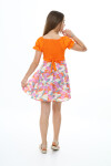 Kız Çocuk Yaz Renkleri Desenli -Büzgü Detaylı Elbise 6-13 Yaş 9281