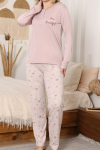Kadın %100 Pamuk Pijama Takımı - Baskılı - 3 Düğmeli -12355
