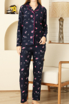 Kadın Pat Yakalı-Baskılı ve Düğme Kapamalı-%100 Pamuk Pijama Takımı 12353