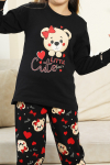 Kız Çocuk Ayıcık Baskılı %100 Pamuk İnterlok Kumaş Pijama Takımı 12347