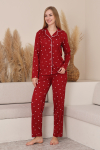 Kadın %100 Pamuk Milan Soft Pijama Takımı-Pat Yakalı-Boydan Düğmeli-Desenli-12422