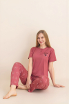 Kadın Pijama Takımı-Menekşe Kumaş-3 Düğmeli-Yaka Baskılı-12606SF