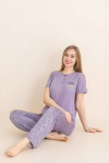 Kadın Pijama Takımı-Menekşe Kumaş-3 Düğmeli-Yaka Baskılı-12606SF