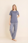 Kadın Pijama Takımı-Menekşe Kumaş-3 Düğmeli-Yaka Baskılı-12606SF