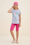 Kız Çocuk 3lü Mayo Takımı (Kısa Kollu Üst+Diz Boy Alt ve Bone) 7-16 Yaş 12591B