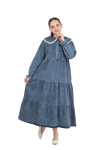 Kız Çocuk Geniş Yakalı ve Yaka Uçları Dantel Detaylı Uzun Jean Elbise 12468