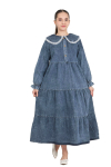 Kız Çocuk Geniş Yakalı ve Yaka Uçları Dantel Detaylı Uzun Jean Elbise 12468