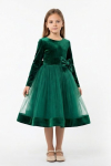 Kız Çocuk Kadife Elbise-Tül Detaylı-Fiyonk Süslemeli 7-12 Yaş 12441