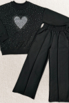 Kız Çocuk Taş Süslemeli Kalp Desenli 2 İplik Alt-Üst Takım 4-12 Yaş 12513